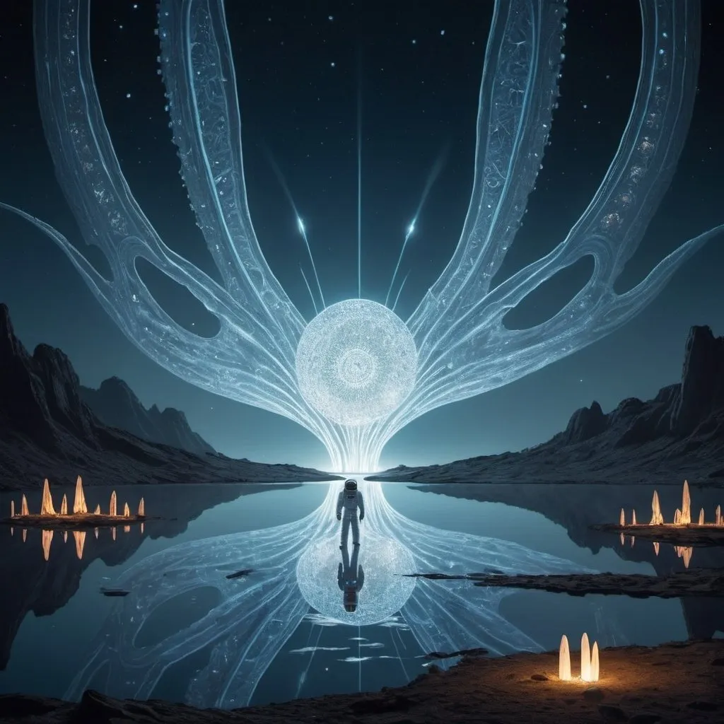 Prompt: First Contact with the Lumina: The astronauts standing at the edge of the lake, witnessing the Lumina creatures performing their light dance. The scene should capture the beauty and awe of the moment, with the creatures forming intricate patterns in the water.