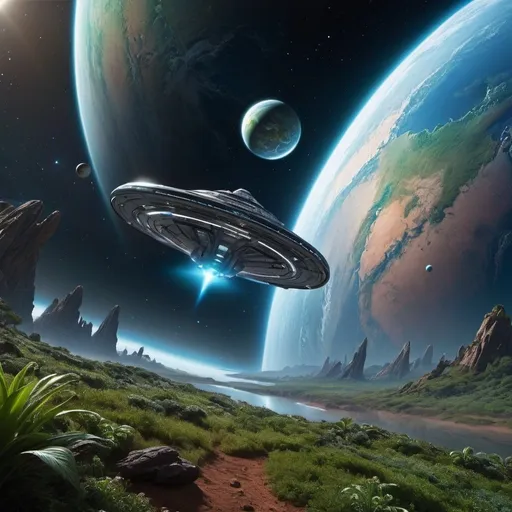 Prompt: The sleek, advanced spaceship Odyssey is seen from the perspective of space, approaching the lush green and blue planet of Elysium. The planet has a mix of landmasses and oceans, with noticeable bioluminescent areas that glow softly. The background includes the star-filled expanse of the Andromeda Galaxy.
Landing on Elysium