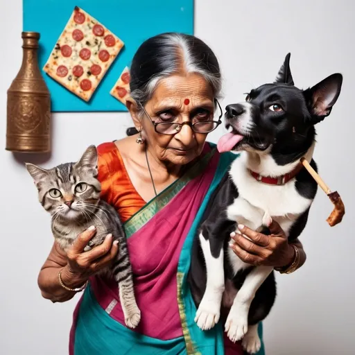 Prompt: old lady in sari with big deep eye holding dominos pizza in side cute little cat and dog smoking hookha 