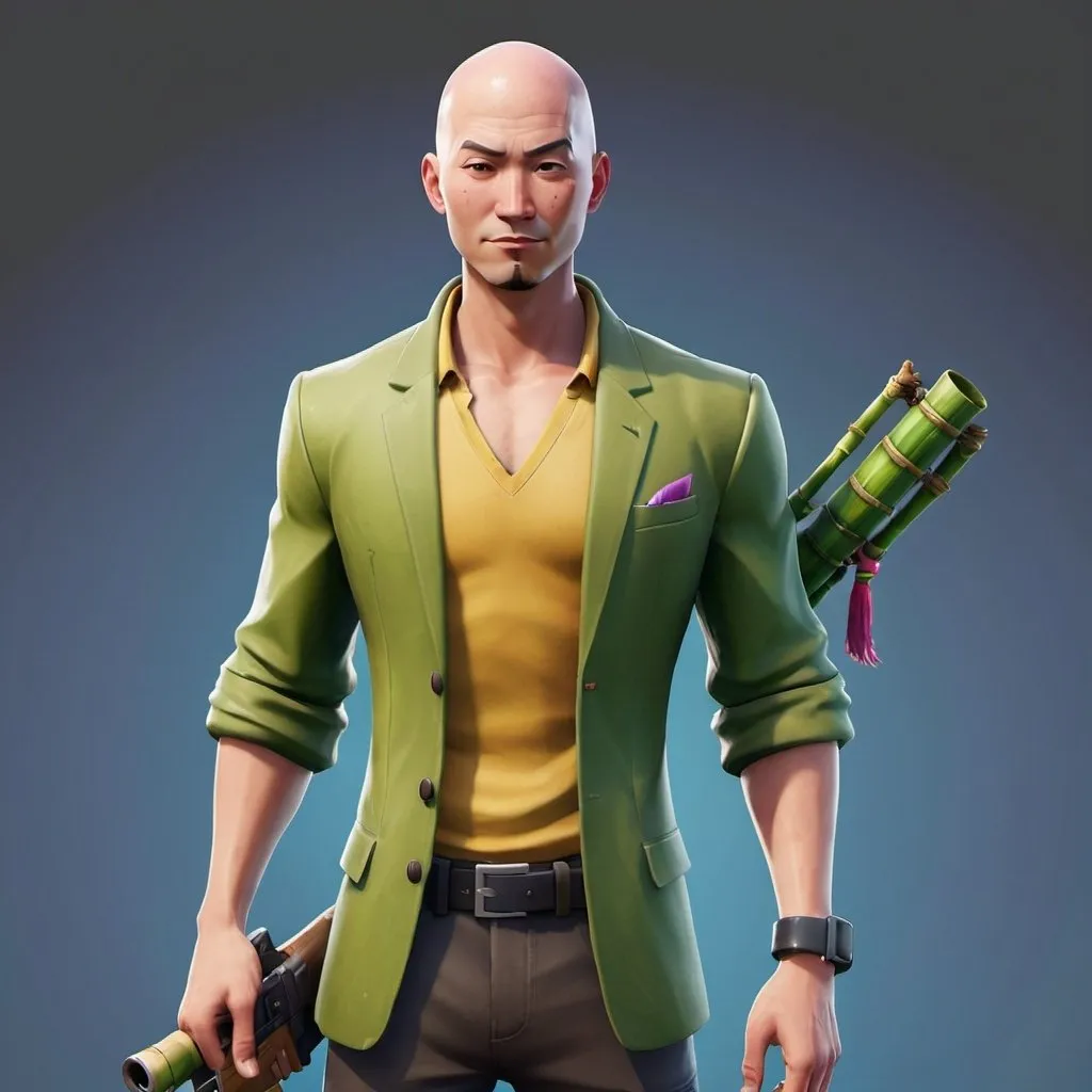 Prompt: create me a fortnite skin that is a very skinny chinese man that is bald and has a bamboo machine gun