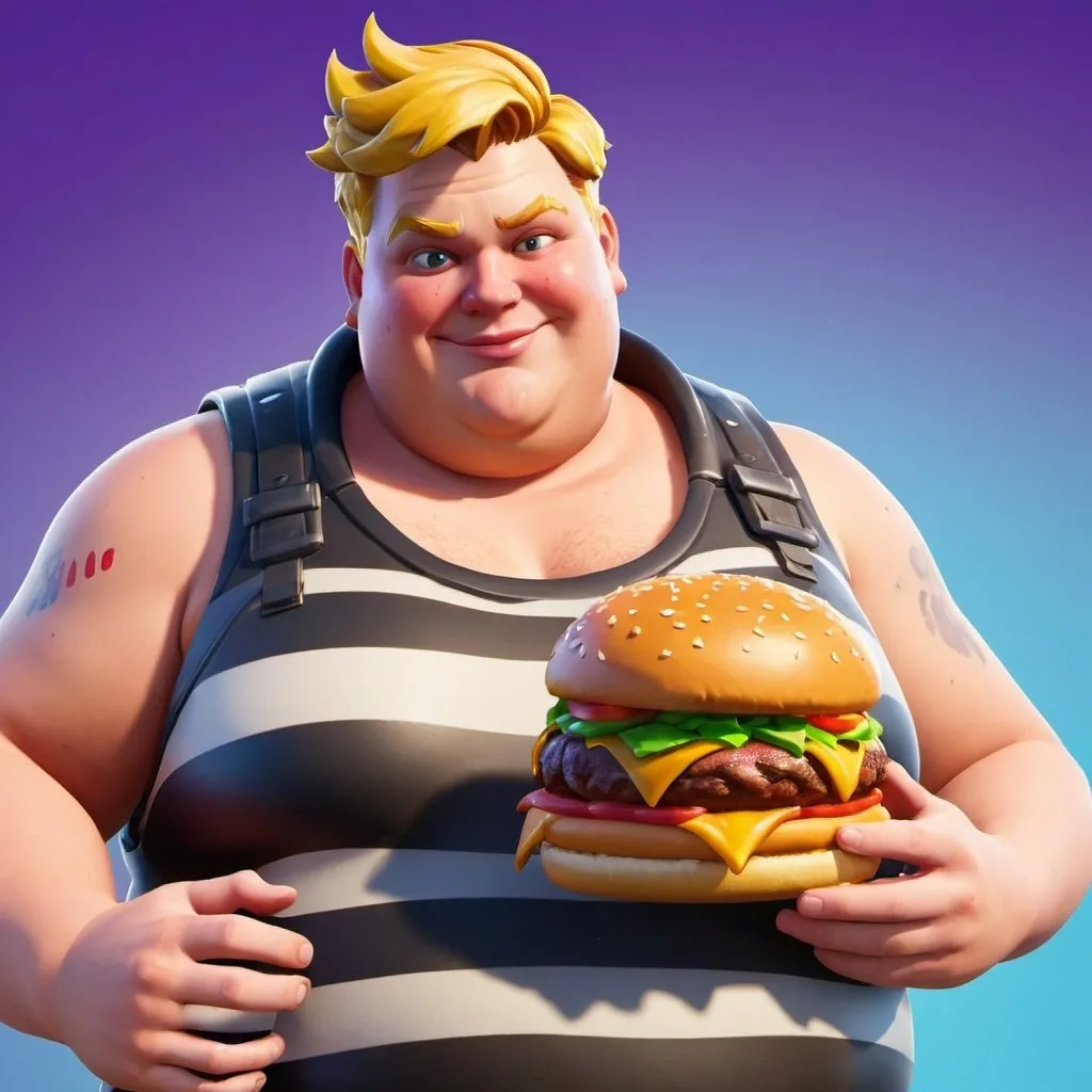 Prompt: e.g. A fortnite skin of a fat Jonesy eating a Wendy's burger
