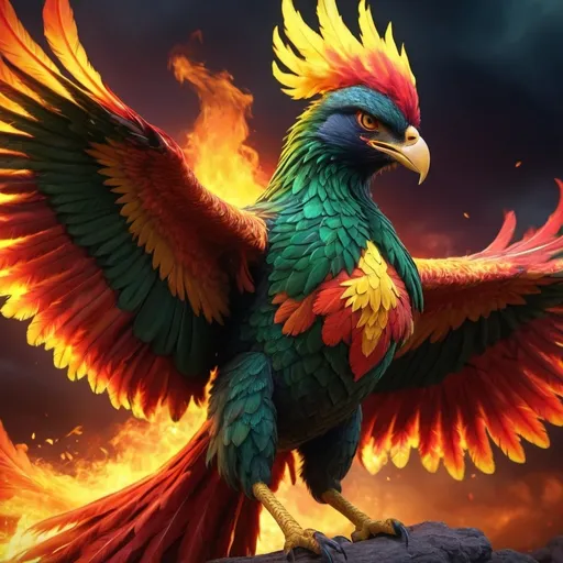 Prompt: A fierce phoenix (with mostly yellow and red feathers). Around the phoenix neck is a plaid green and red scottish scarf. Dramatic lighting, vibrant colors, intense gaze, soaring through a fiery sky, flames surrounding, enigmatic and powerful atmosphere, detailed HD feathers, cinematic depth, epic fantasy scene, ultra-realistic, high dynamic range, blazing inferno background, 4K, ultra-detailed, award-winning.