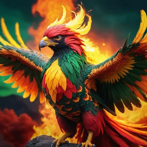 Prompt: A fierce phoenix (with mostly yellow and red feathers), wearing a plaid green and red scarf, dramatic lighting, vibrant colors, intense gaze, soaring through a fiery sky, flames surrounding, enigmatic and powerful atmosphere, detailed HD feathers, cinematic depth, epic fantasy scene, ultra-realistic, high dynamic range, blazing inferno background, 4K, ultra-detailed, award-winning.