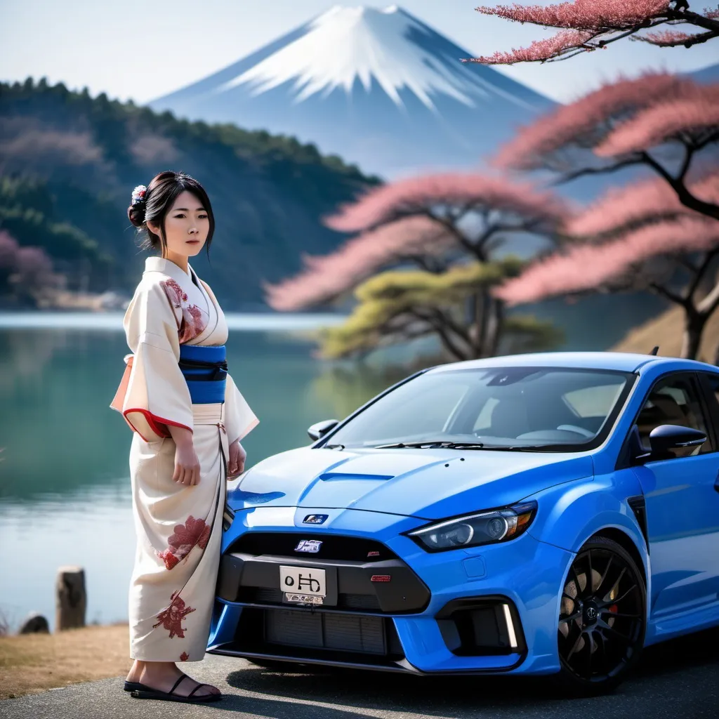 Prompt: A beautiful ancient Japanese woman in front of a lake. Mountains and Japanese blue mk3 focus RS in the background.