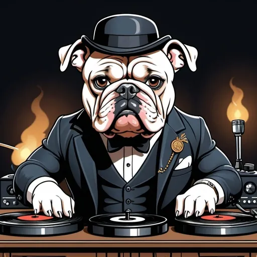 Prompt: peaky blinder brummie bulldog djing cartoon
