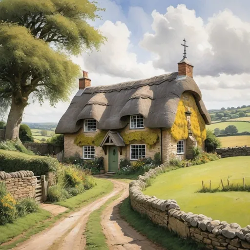 Prompt: Create a painting of a single English shire-style thatched cottage made of local materials such as wattle and daub or stone, on rolling hills, with a church visible in the distance

