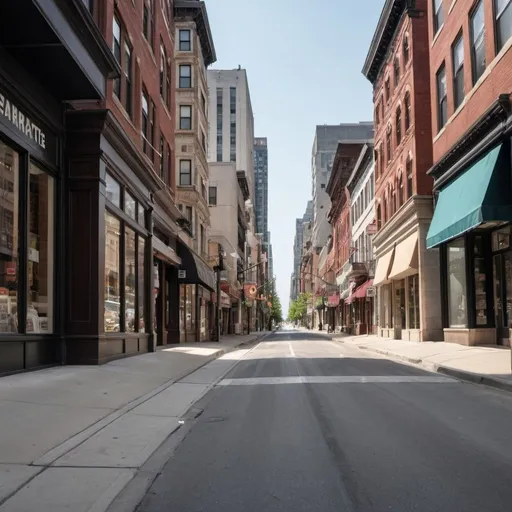 Prompt: create photograph of a city street from street level with well maintained empty storefronts