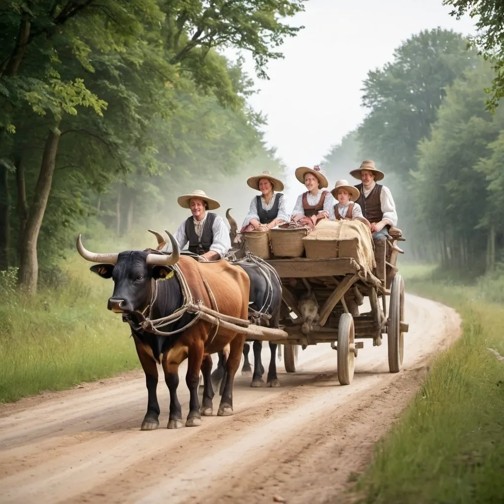 Prompt: 5 person german family traveling by ox cart over dirt country road in the 1700s
