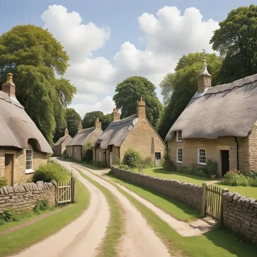 Prompt: Create a painting of a rural English village from the 1700s to include simple, thatched cottages made of local materials such as wattle and daub or stone, a church, and church graveyard
