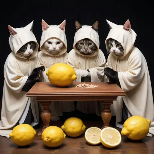 Prompt: a group of robed and hooded cats in is gathered around a sacrificial alter with a terrified lemon with a crying face on it