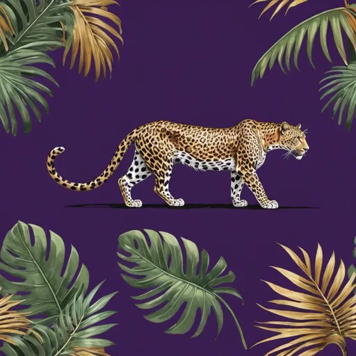 Prompt: Fabric print leopard clipart standing straight with tail in air with palm leaves away from him deep purple background and african jungle 