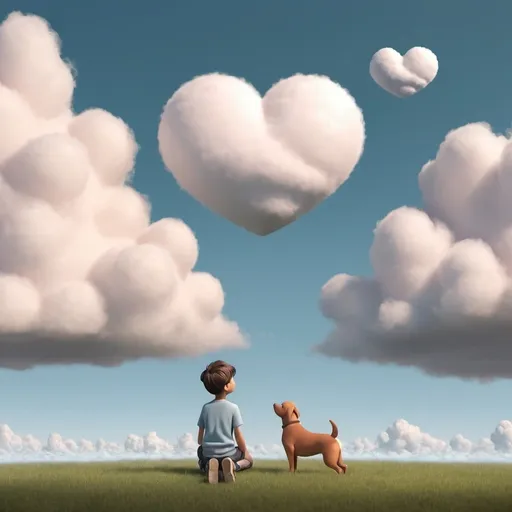 Prompt: a 3d illustration young boy with only one dog both looking at the horizon with a smiling heart shaped cloud