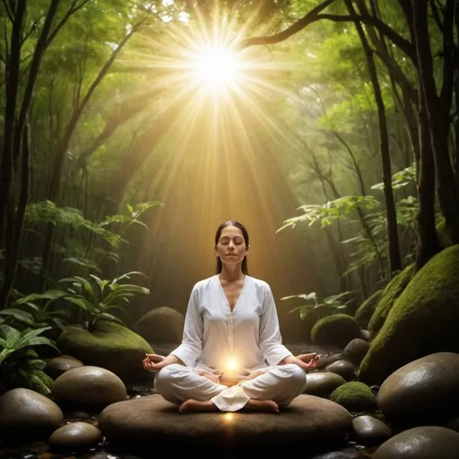 Prompt: Crea una imagen que transmita la esencia del Reiki como una práctica de sanación y autocuidado. La imagen debe representar a una persona sentada en una postura meditativa con las manos ligeramente elevadas y abiertas hacia adelante, emanando una suave luz blanca o dorada desde las palmas. Esta luz debe simbolizar la energía sanadora del Reiki.

El entorno debe ser tranquilo y sereno, con un fondo natural que incluya elementos como un bosque frondoso o un jardín zen, bajo una luz suave y cálida que sugiera el amanecer o el atardecer. El ambiente debe evocar paz y armonía.

Los detalles adicionales pueden incluir un aura luminosa alrededor de la figura para enfatizar la energía positiva y curativa. El objetivo es capturar la conexión entre la práctica del Reiki y la capacidad de sanación personal.