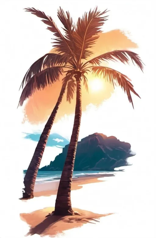 Prompt: Sandy beach sunset scene, warm sunset colors, serene ocean waves, palm trees swaying gently, tranquil atmosphere, high quality, digital painting, warm tones, peaceful lighting