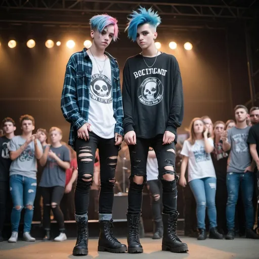 Prompt: A full body pic of a gay punk teen boy with blue hair wearing a ripped flannel and black ripped jeans and tall boots at a concert with his boyfriend who is a normal teen boy wearing his soccer jersey