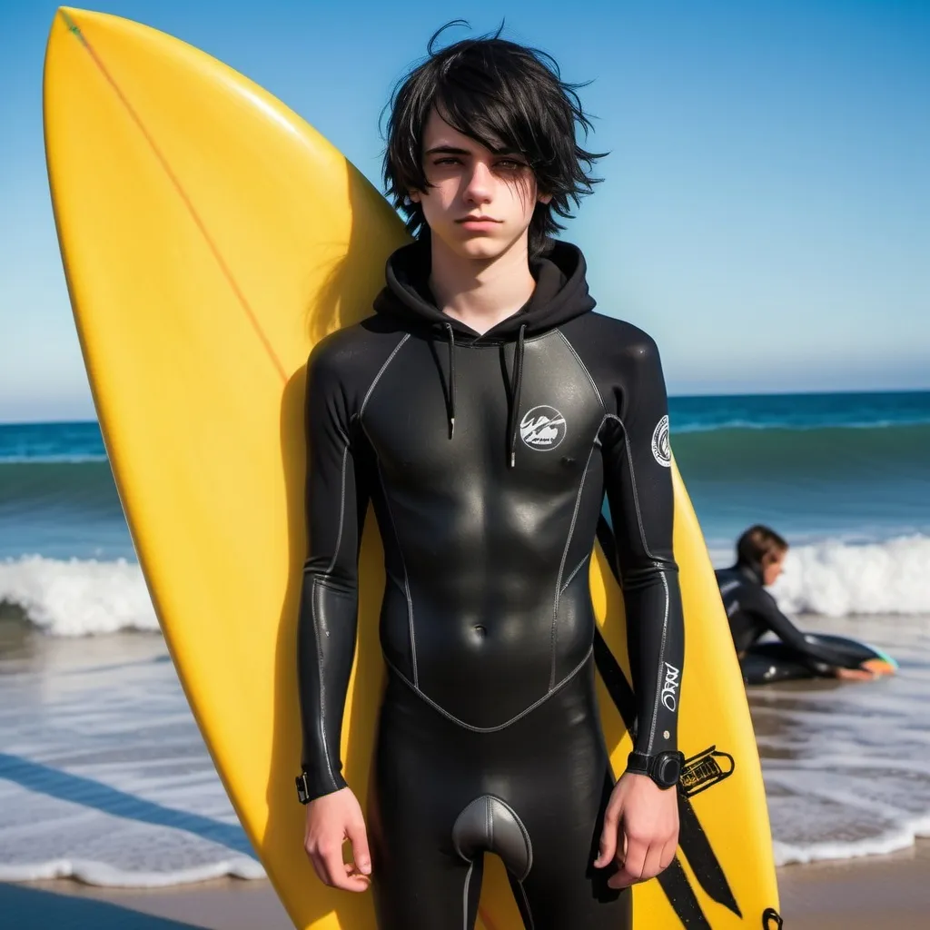 Prompt: A full body picture of an emo gay teen boy with black emo hair wearing a black hoodie over his tight wetsuit and scuba flippers on his feet and holding a surfboard