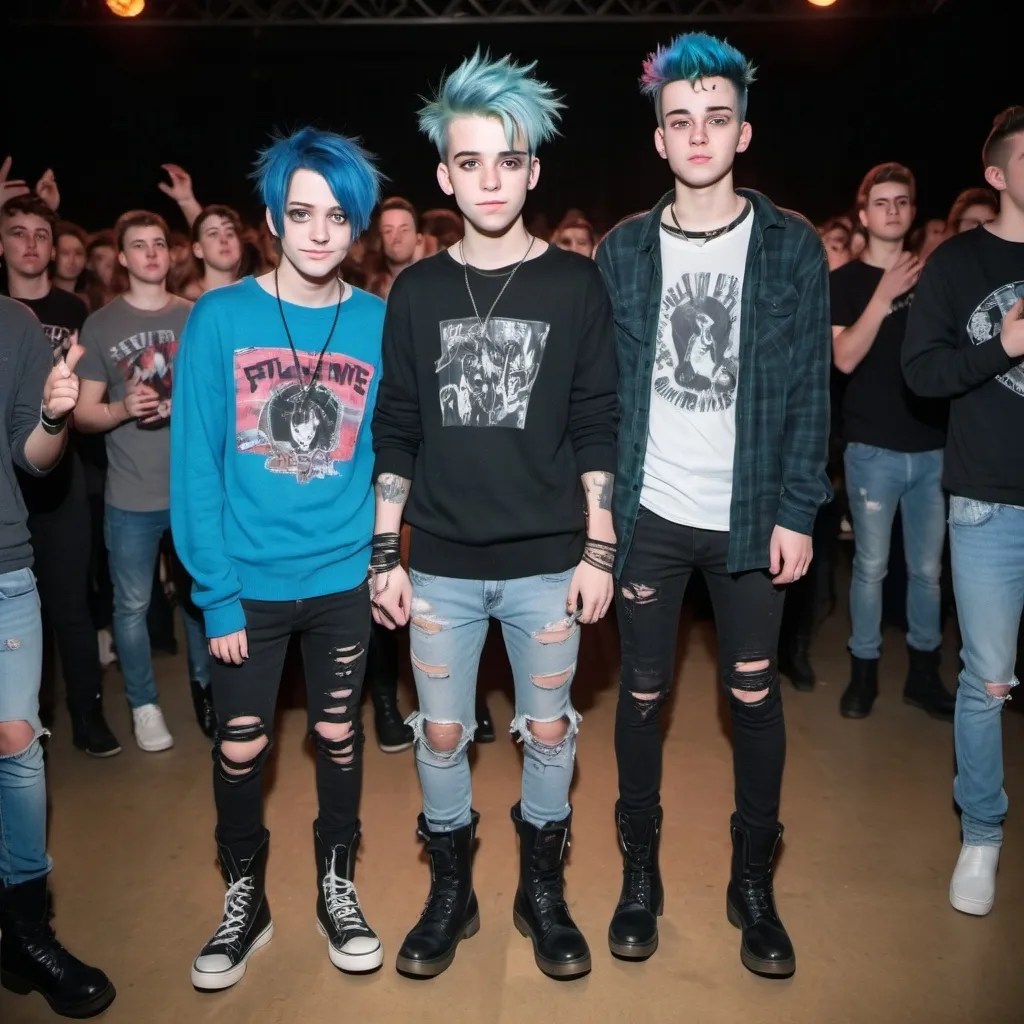 Prompt: A full body pic of a gay punk teen boy with blue hair wearing a ripped flannel and black ripped jeans and tall boots at a concert with his boyfriend who is a normal teen boy wearing a sweater and blue jeans