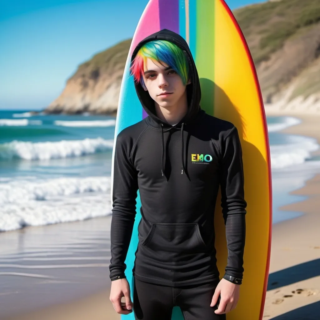 Prompt: A full body picture of an emo gay teen boy with rainbow emo  hair wearing a black hoodie over his tight wetsuit and holding a surfboard