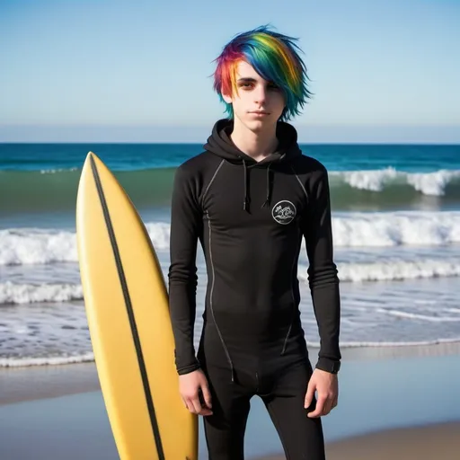 Prompt: A full body picture of an emo gay teen boy with rainbow emo  hair wearing a black hoodie over his tight wetsuit and holding a surfboard