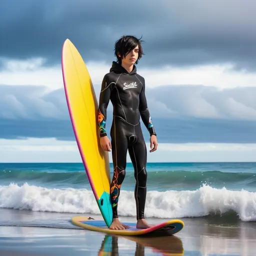 Prompt: A full body picture of an emo gay teen boy with black emo hair wearing a black hoodie over his tight wetsuit and diving fins on his feet and holding a surfboard