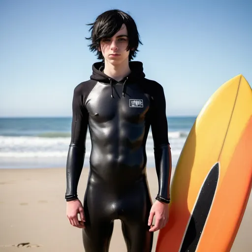 Prompt: A full body picture of an emo gay teen boy with black emo hair wearing a hoodie over his tight wetsuit with his fingernails and toenails painted black and holding a surfboard