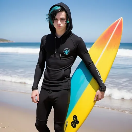 Prompt: A full body picture of an emo gay teen boy with black emo hair wearing a hoodie over his tight wetsuit with his fingernails and toenails painted black and piercings on his ears and holding a surfboard