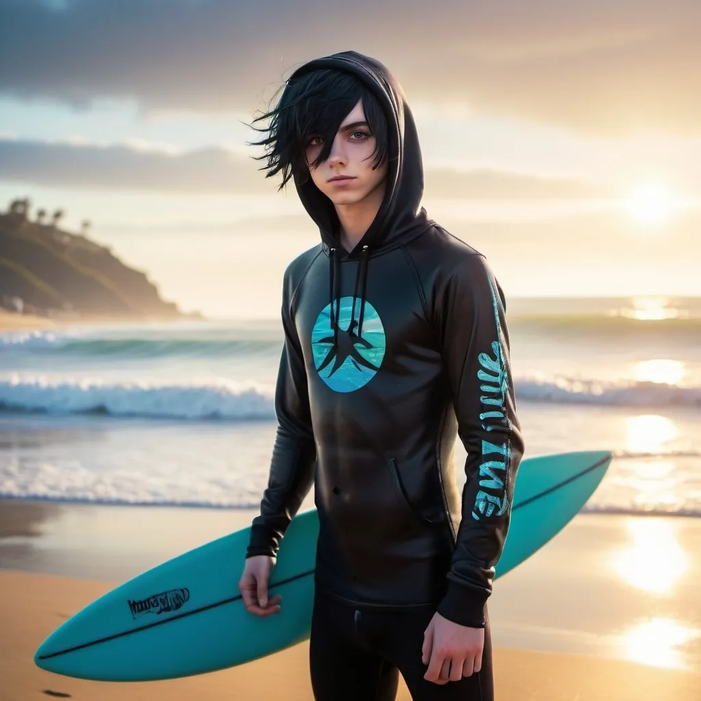 Prompt: A full body picture of an emo gay teen boy with black emo hair wearing a hoodie over his tight wetsuit and holding a surfboard