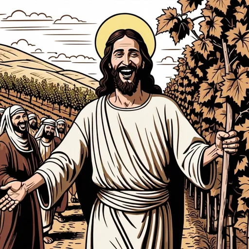 Prompt: I need a woodcut image of a middle eastern jesus laughing with a crowd of people as he walks through a vineyard. This should look like traditional wood cutting and not just a cartoon. More brown than yellow. Add a mandorla into the image.
