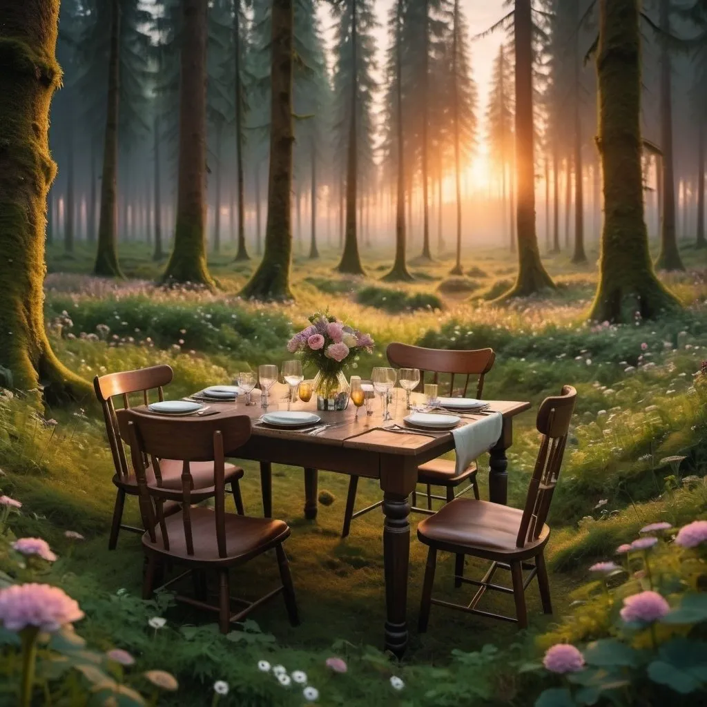 Prompt: a cozy dining set in a lush forest at sunset , flowers dot the edges of the clearing