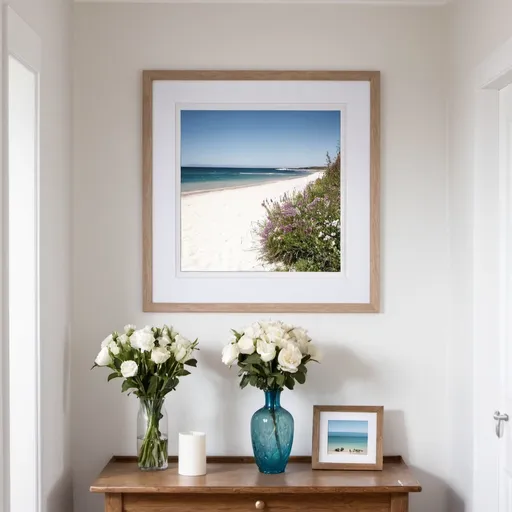 Prompt: Hallway entrance, white walls, A3 framed photo of the beach, table underneath the frame with flowers in a vase on top of the table