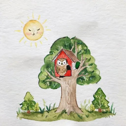 Prompt: A tree in a backyard of a house, shown to have a hole that an owl lives in, but the sun is down, so you only see the owl's eyes, in a fun children's book style