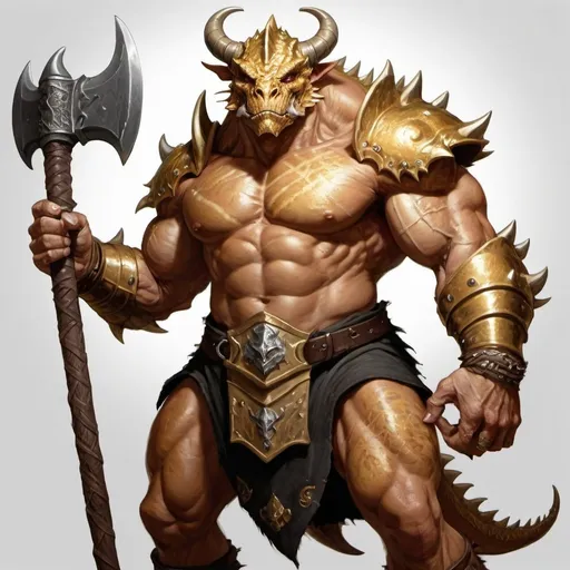 Prompt: a muscular gold dragonborn barbarian dnd character, 6 foot 5 inches, 330 pounds, with one white eye one black eye, holding a battleaxe