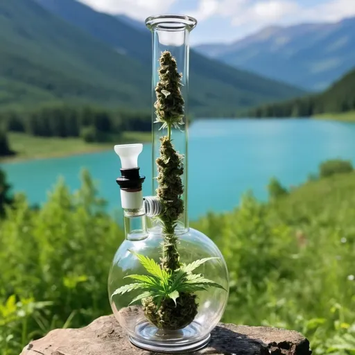 Prompt: A super fancy weed bong with beautiful nature background 