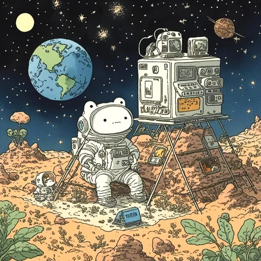 Prompt: <mymodel> a frog wearing an astronaut suit camping on the moon with the earth and stars in the background