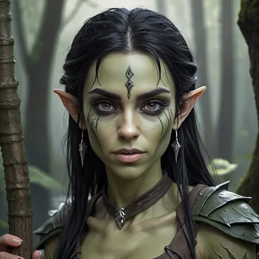 Prompt: hyper-realistic female swamp elf character with black hair, black eyes, rogue, fantasy character art, illustration, dnd, cool tone