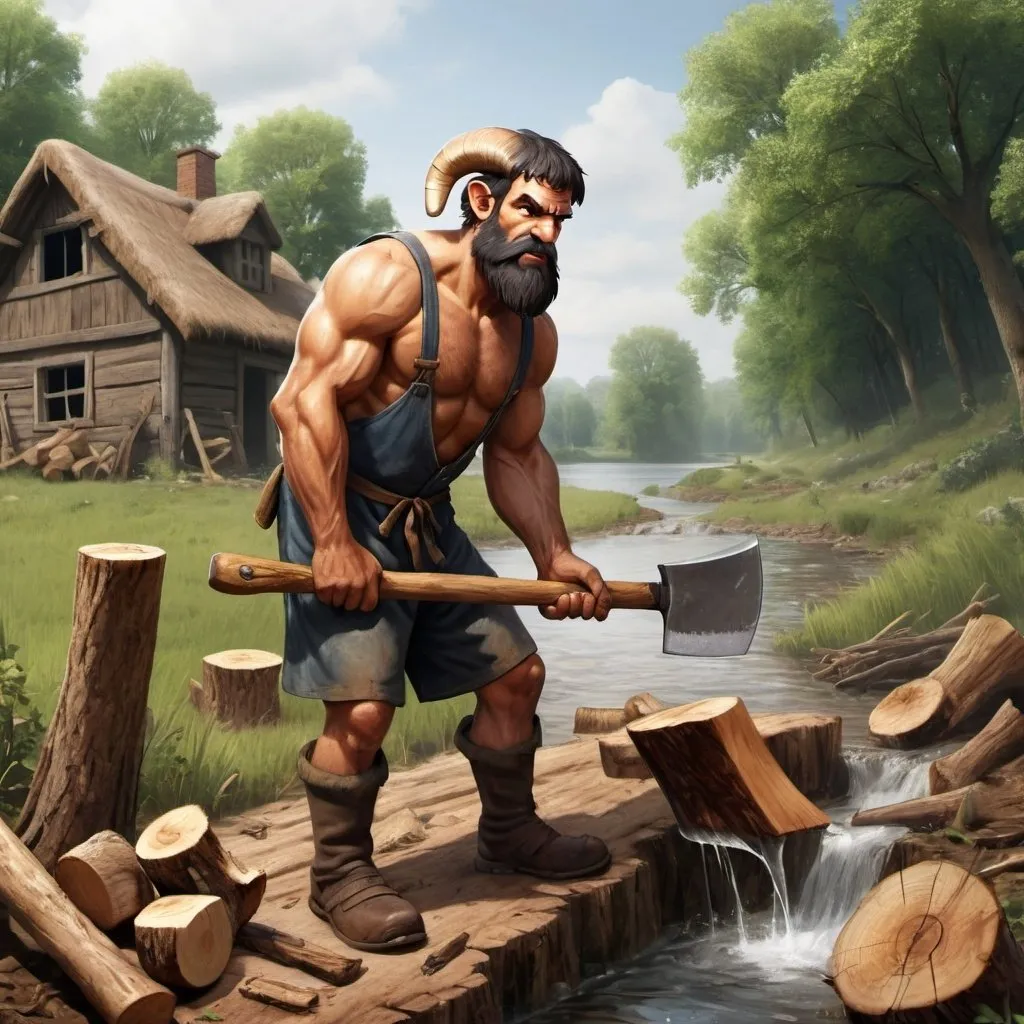 Prompt: Create an image for children story book based on the following description. Make it photorealistic and wide. Here's the description: In a small village, a poor woodcutter named Ram works hard every day to make a living. One day, while chopping wood near a river, his axe slips from his hand and falls into the water. Ram is devastated as the axe is his only means of earning a livelihood. get me 5 different images of the same character with axe in his hand.