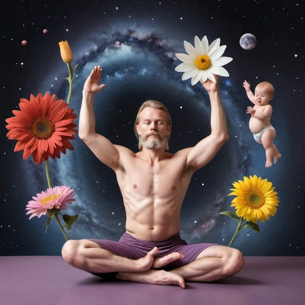 Prompt: A Scandinavian man in yoga pose. Above the man in yoga pose circulates a flower, a clown, a galaxy, and a baby.