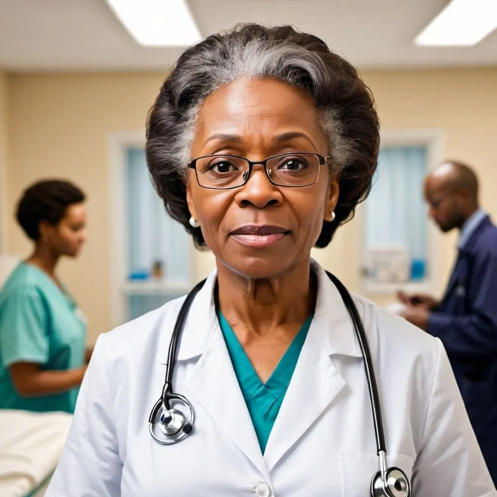 Prompt: Please create an image of an older black lady doctor in a busy hospital 