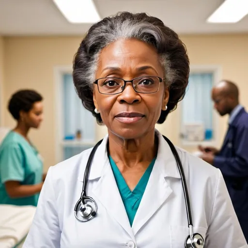 Prompt: Please create an image of an older black lady doctor in a busy hospital 