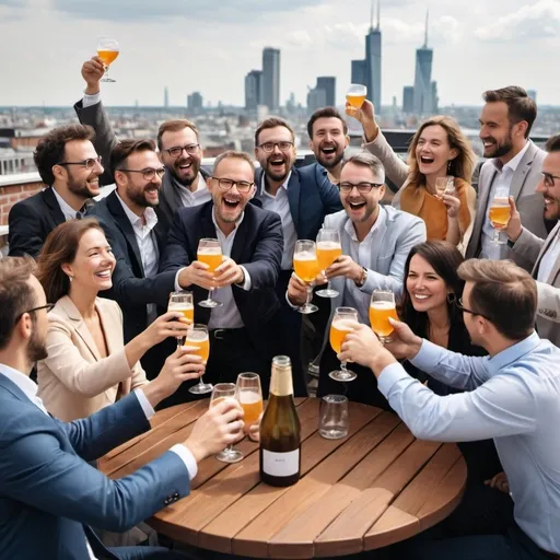 Prompt: Create an image of a group of ERP consultants celebrating on a rooftop terras enjoying some drinks. Make it informal. 35 consultants. 