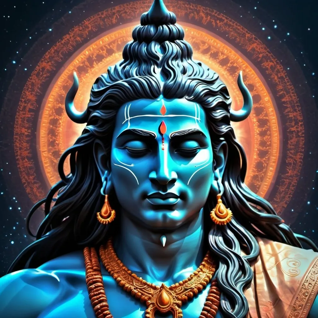 Prompt: Glowing digital art of Lord Shiva's head, downward gaze, celestial aura, intricate details, high quality, digital painting, divine, calming, cosmic tones, ethereal lighting