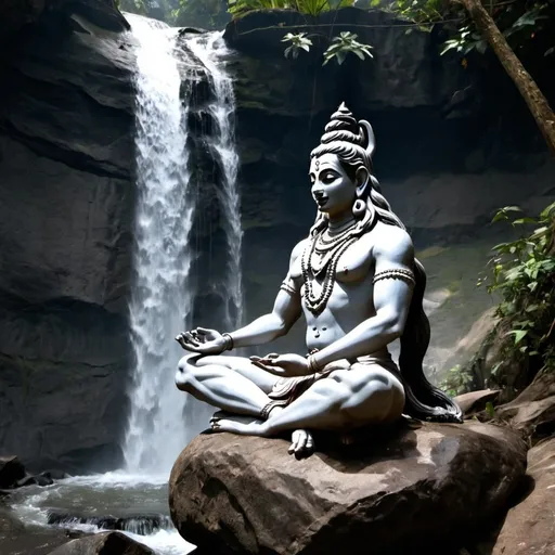 Prompt: lord shiva meditating near a waterfall