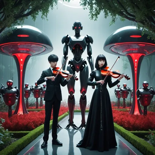 Prompt: innocent young man and women playing violins in a futuristic style garden, a dark robot with red eyes and evil features stands behind them holding chains that are around the necks of the man and women