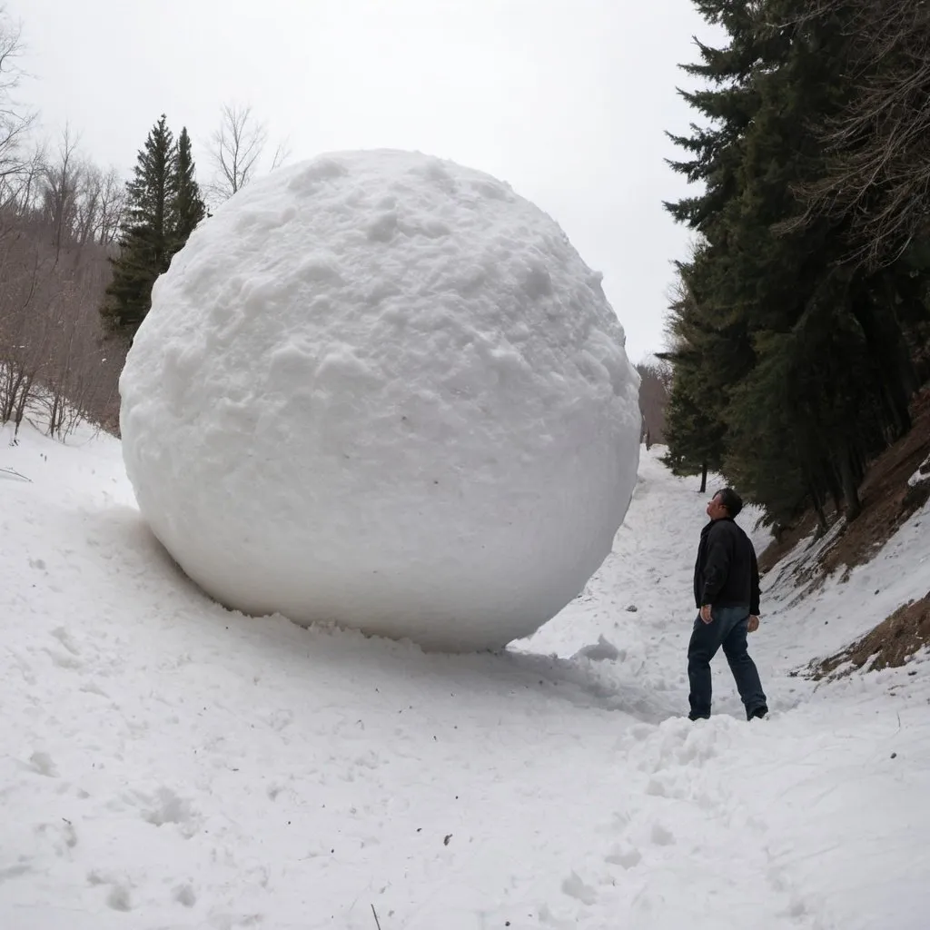 Prompt: a huge snowball that is the size of a 5-6 story building has rolled to the bottom of a steep hill.  There is a swath of trees that have been destroyed by the snowball as it rolled down the hill. Trees and debris are actually sticking out of the snowball as it sits at the bottom of the hill.  A man is walking near the snowball and examining it.