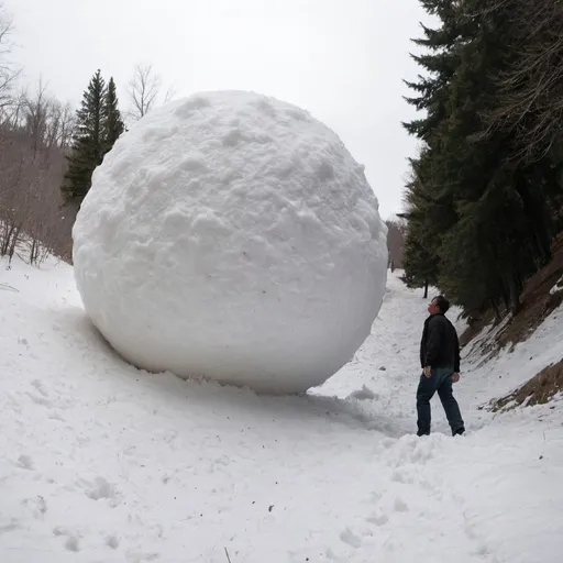 Prompt: a huge snowball that is the size of a 5-6 story building has rolled to the bottom of a steep hill.  There is a swath of trees that have been destroyed by the snowball as it rolled down the hill. Trees and debris are actually sticking out of the snowball as it sits at the bottom of the hill.  A man is walking near the snowball and examining it.