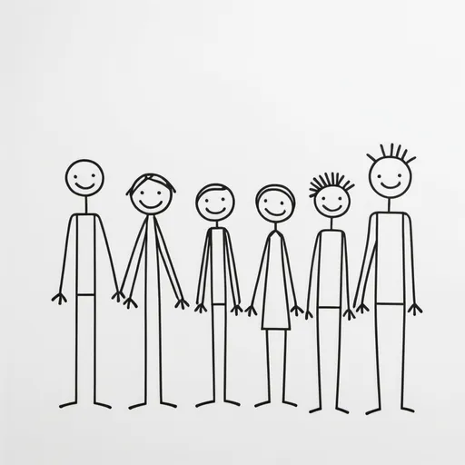 Prompt: White background, a drawing of 5 stick people, bold lines, that represent roughly the world population with individual features that represent different ages, genders, sexualities, nationalities