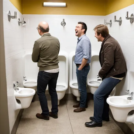 Prompt:  adult man peeing at urinals, chatting together, laughing