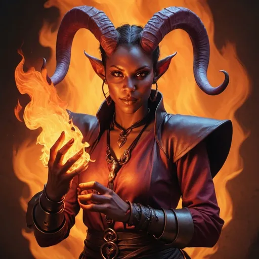 Prompt: hyper-realistic Tiefling character with fire hands, fantasy character art, illustration, dnd, warm tone