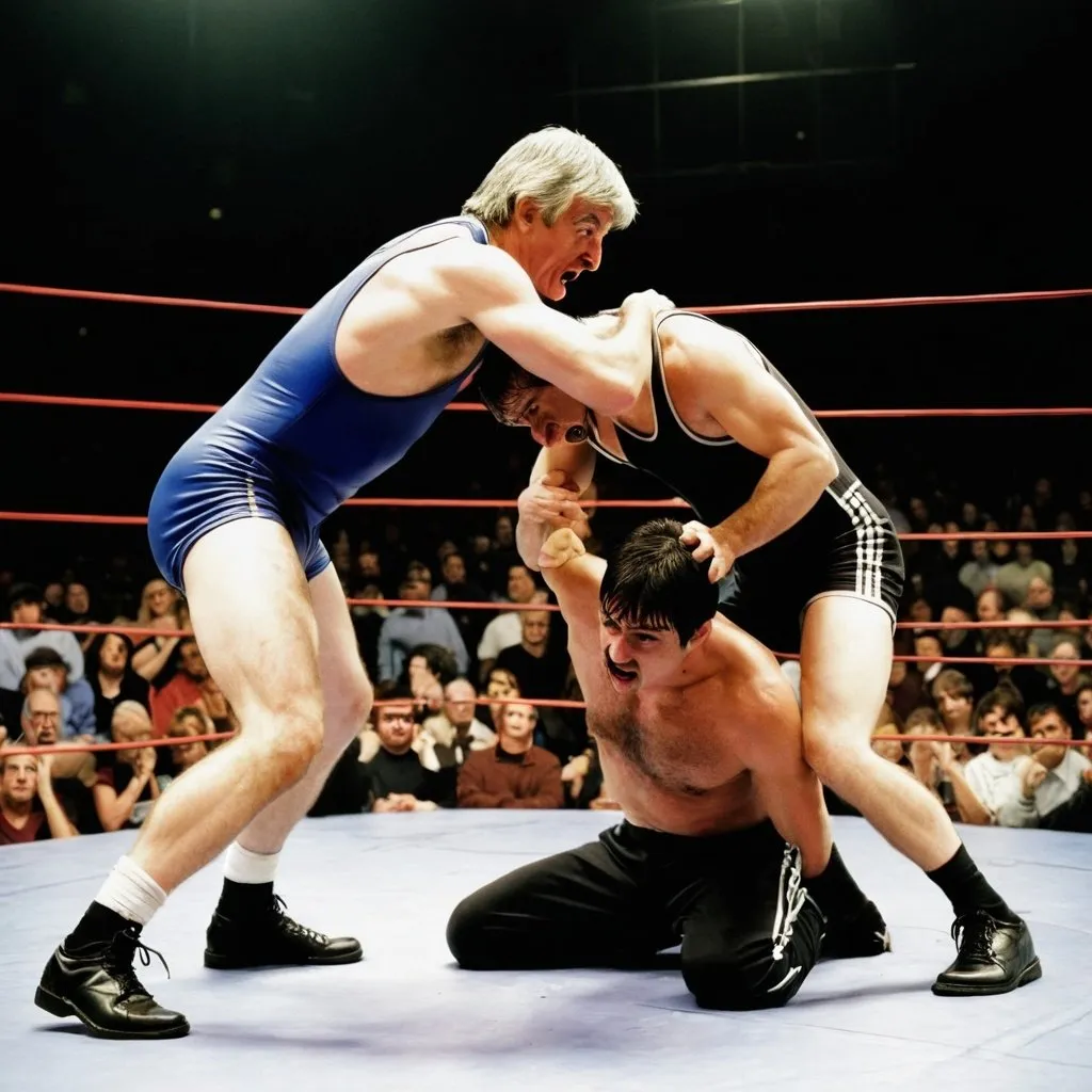Prompt: Please make a picture of Lazslo Cravensworth fighting in a wrestling right against Jack McCoy from Law and Order