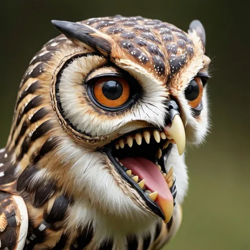 Prompt: owl head with human teeth in its beak
